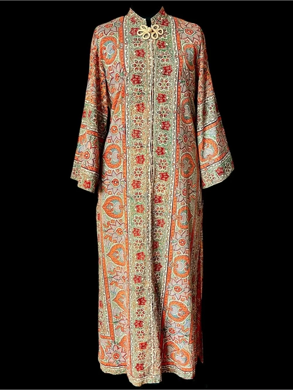 Vintage Maxi Caftan Robe Cotton Paisley Block Print 1970s Boho Hippie Kaftan - Picture 2 of 12